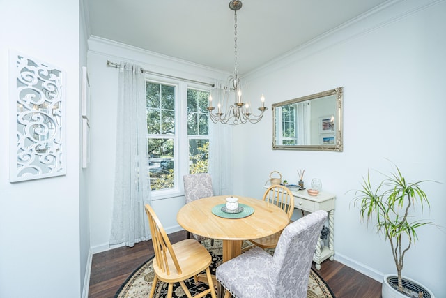 dining area with a healthy amount of sunlight, ornamental molding, and dark hardwood / wood-style flooring