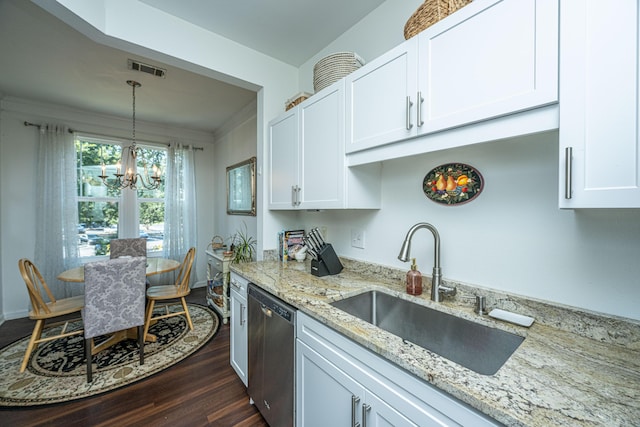 kitchen with white cabinetry, sink, pendant lighting, and dishwasher