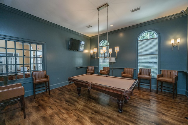 playroom with ornamental molding, dark hardwood / wood-style floors, and pool table