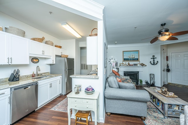 kitchen with white cabinetry, appliances with stainless steel finishes, dark hardwood / wood-style flooring, and sink