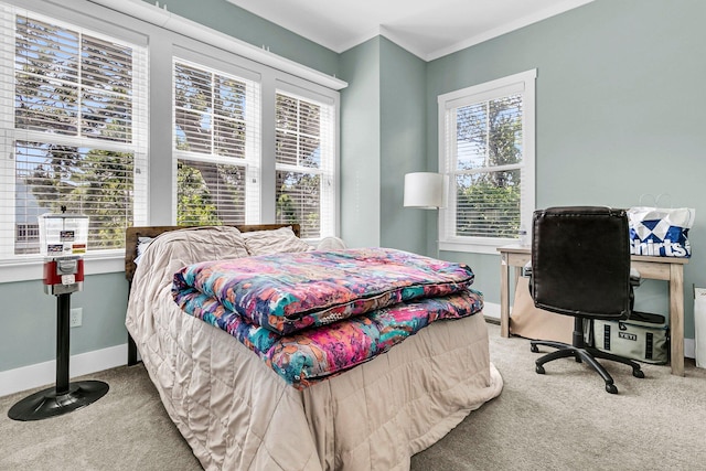 carpeted bedroom featuring crown molding