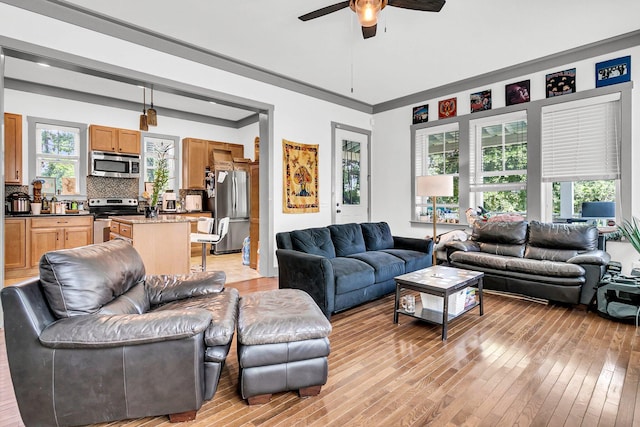 living room with light wood-type flooring, ornamental molding, and ceiling fan