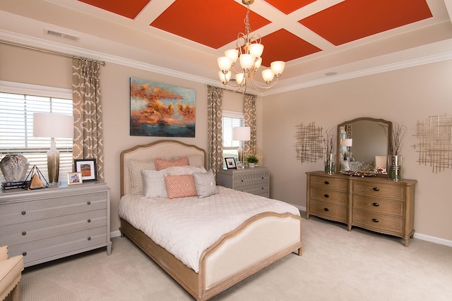 bedroom featuring a chandelier, light colored carpet, and crown molding