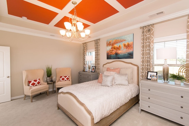 carpeted bedroom with an inviting chandelier, ornamental molding, and multiple windows