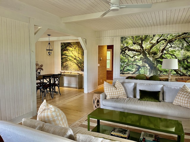 living area featuring wood ceiling, ceiling fan, wood walls, light wood-style floors, and beam ceiling