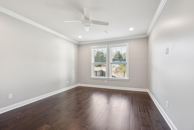 unfurnished room with ornamental molding, ceiling fan, and dark hardwood / wood-style floors