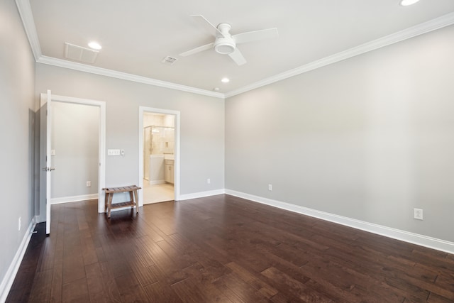 unfurnished bedroom with crown molding, ensuite bathroom, dark hardwood / wood-style flooring, and ceiling fan