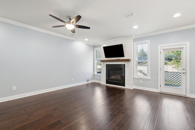 unfurnished living room with ceiling fan, dark hardwood / wood-style floors, and ornamental molding