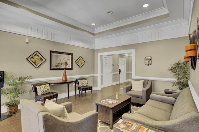 4227 Sawgrass Dr, North Charleston, SC 29420 - living room featuring wood finished floors, a tray ceiling, crown molding, and recessed lighting