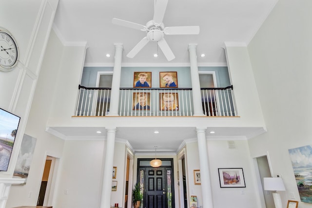 4227 Sawgrass Dr, North Charleston, SC 29420 - detailed view of ceiling fan, recessed lighting, crown molding, and decorative columns