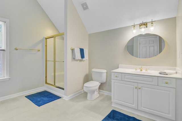 4227 Sawgrass Dr, North Charleston, SC 29420 - bathroom featuring vaulted ceiling, a shower stall, vanity, toilet, and baseboards