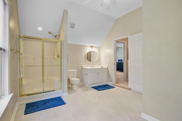4227 Sawgrass Dr, North Charleston, SC 29420 - bathroom with a stall shower, toilet, lofted ceiling, vanity, and ceiling fan