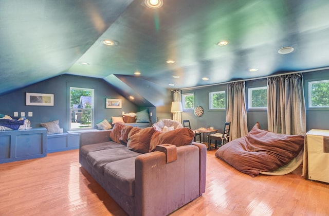 4227 Sawgrass Dr, North Charleston, SC 29420 - home theater featuring light wood-type flooring, recessed lighting, and lofted ceiling