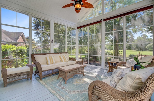 4227 Sawgrass Dr, North Charleston, SC 29420 - sunroom featuring outdoor lounge area, ceiling fan, and lofted ceiling