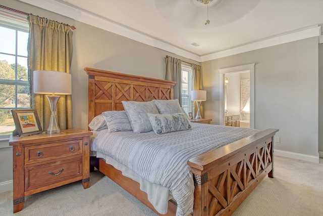 carpeted bedroom featuring ceiling fan, crown molding, and multiple windows