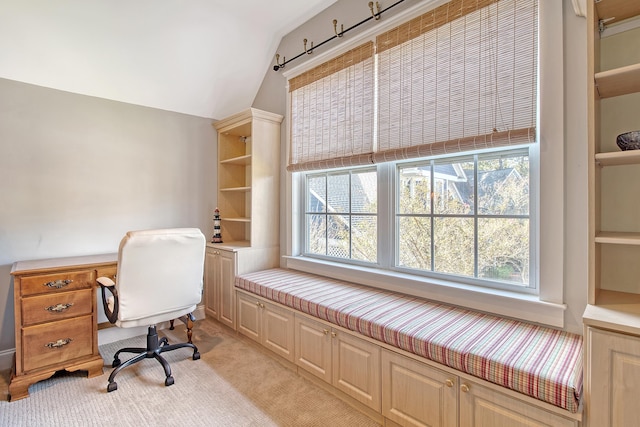 carpeted office with lofted ceiling