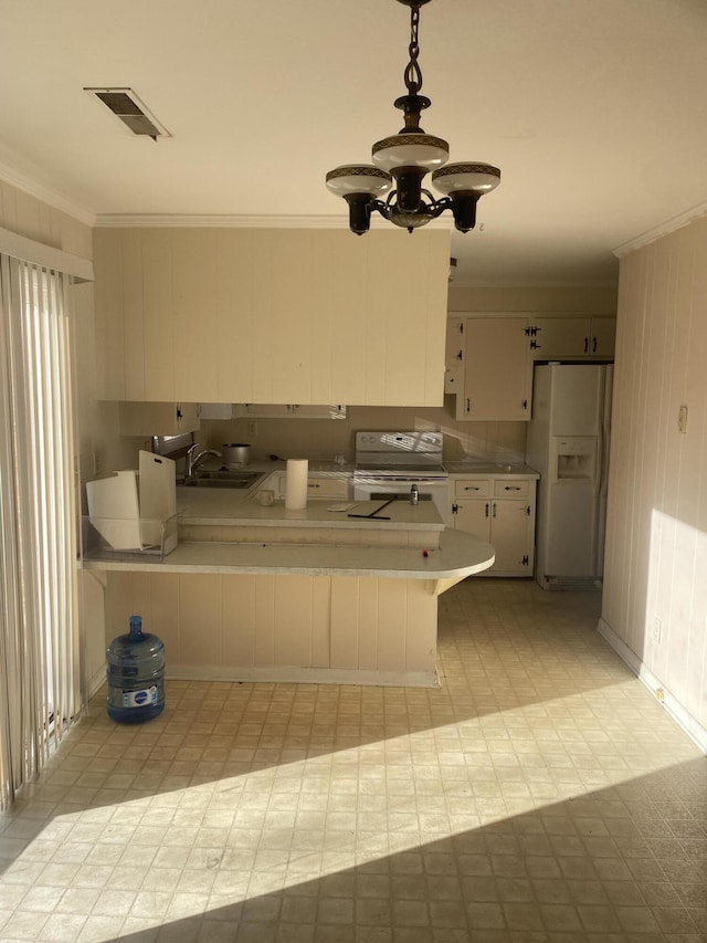 kitchen featuring sink, white appliances, white cabinetry, ornamental molding, and kitchen peninsula