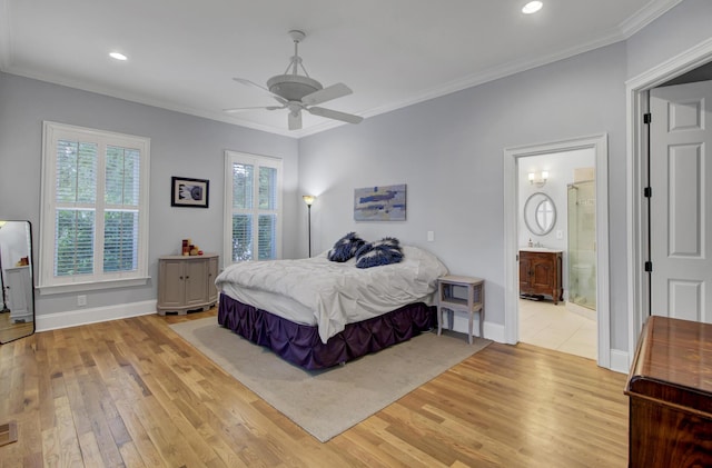 bedroom with light wood finished floors, baseboards, ornamental molding, and recessed lighting