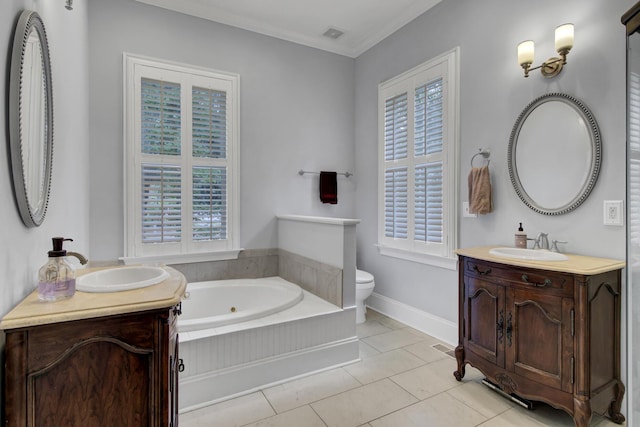 full bath with a sink, two vanities, and tile patterned flooring