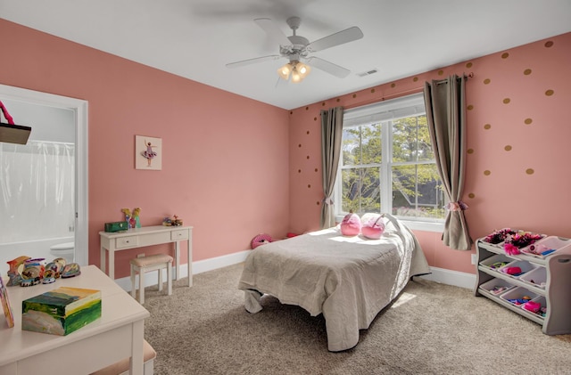bedroom with ceiling fan, baseboards, visible vents, and carpet floors
