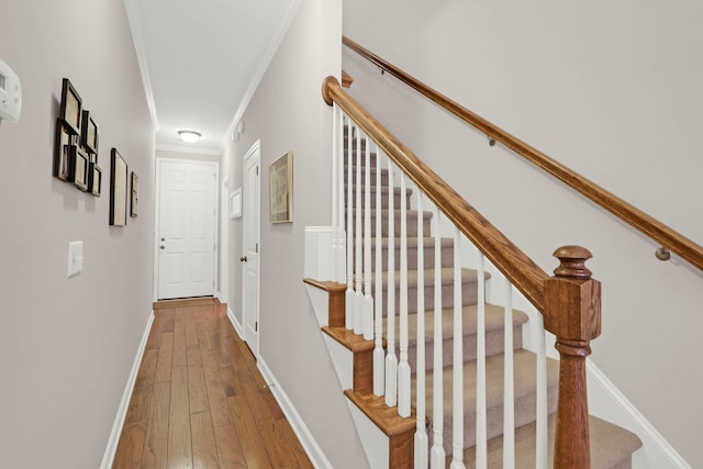 hall with baseboards, ornamental molding, and hardwood / wood-style flooring