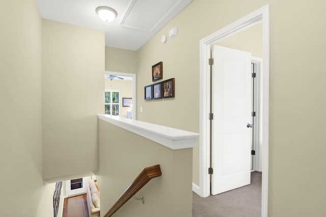 hall featuring carpet flooring, an upstairs landing, and baseboards