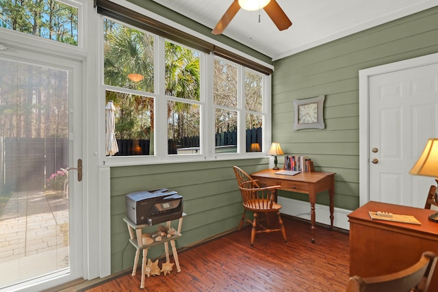 sunroom / solarium featuring plenty of natural light and a ceiling fan