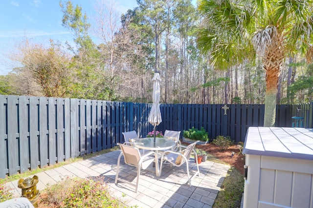 view of patio with outdoor dining space and a fenced backyard