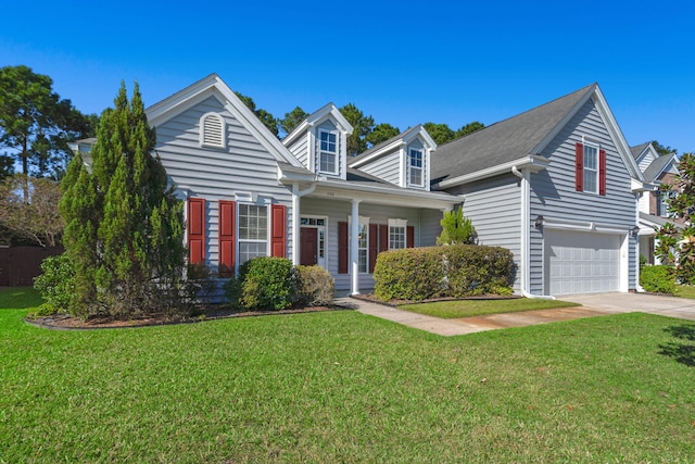 view of front of house with a porch, a garage, and a front yard