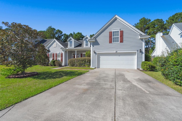 view of property with a garage and a front yard