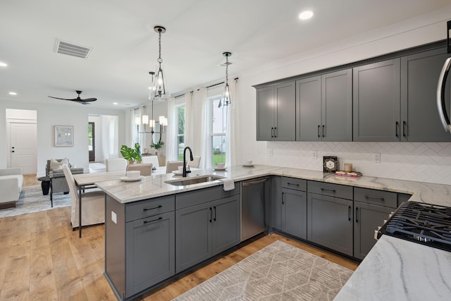 kitchen featuring a sink, visible vents, a peninsula, dishwasher, and open floor plan
