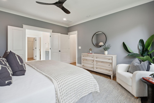 bedroom featuring recessed lighting, a ceiling fan, baseboards, ornamental molding, and wood finished floors