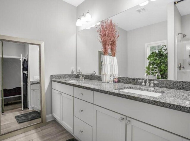 bathroom featuring vanity and hardwood / wood-style flooring