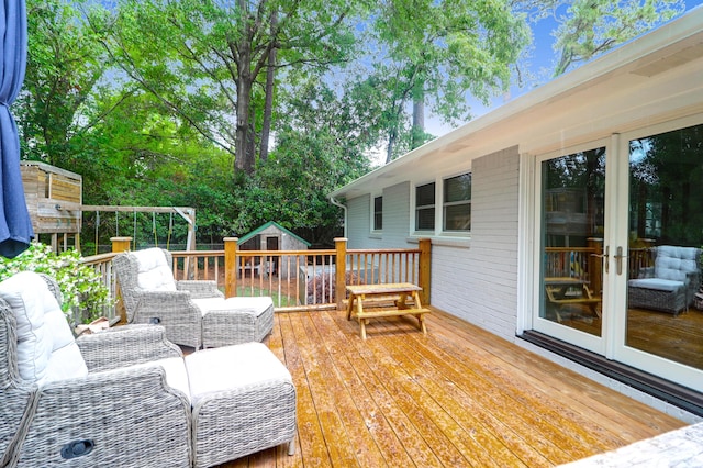 1416 Glencoe Dr, Mount Pleasant, SC 29464 - wooden terrace with a storage shed, an outbuilding, and french doors