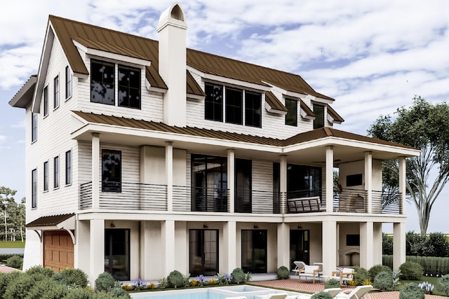 13 Trumbo St, Charleston, SC 29401 - rear view of property with a balcony, a patio, metal roof, a garage, and a chimney