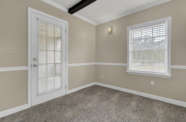 spare room featuring carpet, plenty of natural light, and a textured ceiling