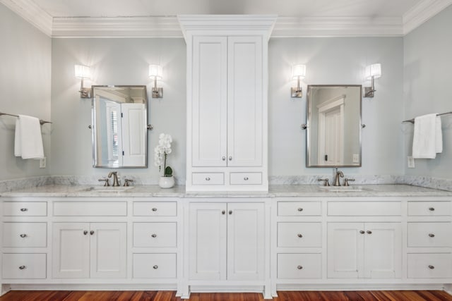 bathroom with vanity, crown molding, and wood-type flooring