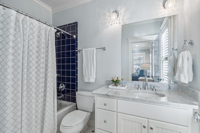 full bathroom featuring vanity, ornamental molding, shower / tub combo with curtain, and toilet