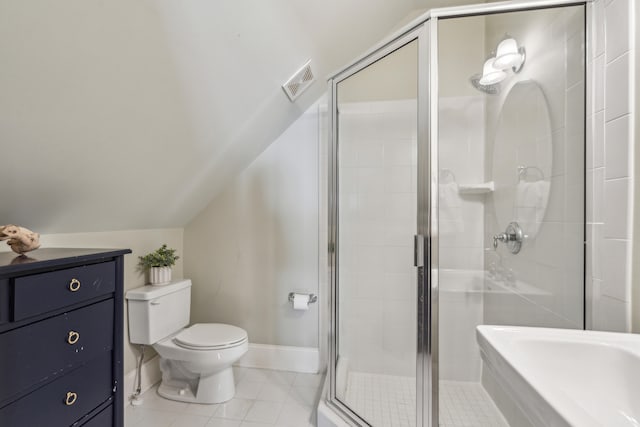 bathroom featuring a shower with door, toilet, tile patterned floors, lofted ceiling, and vanity