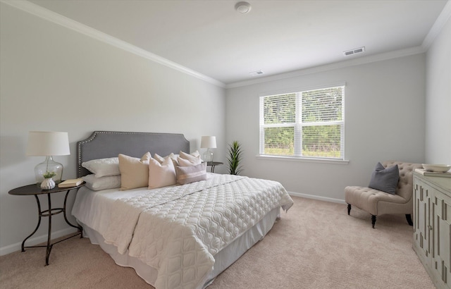 bedroom featuring visible vents, ornamental molding, baseboards, and light carpet
