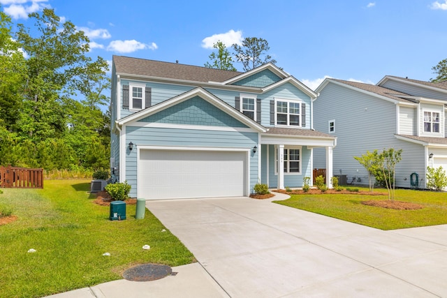 view of front of home featuring central air condition unit, a front lawn, driveway, and covered porch