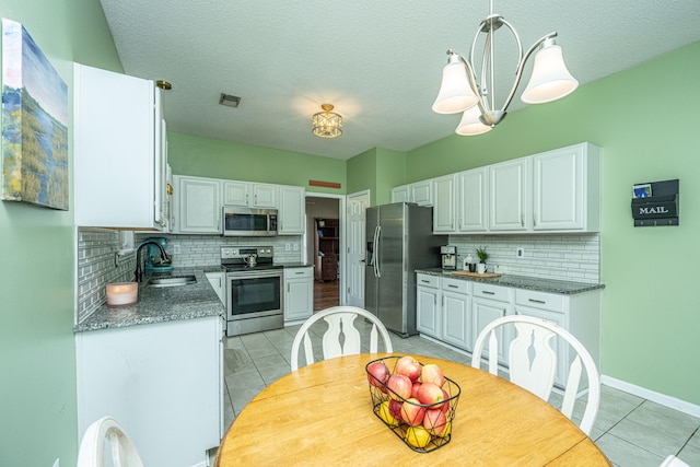 kitchen with tasteful backsplash, a textured ceiling, stainless steel appliances, sink, and white cabinetry