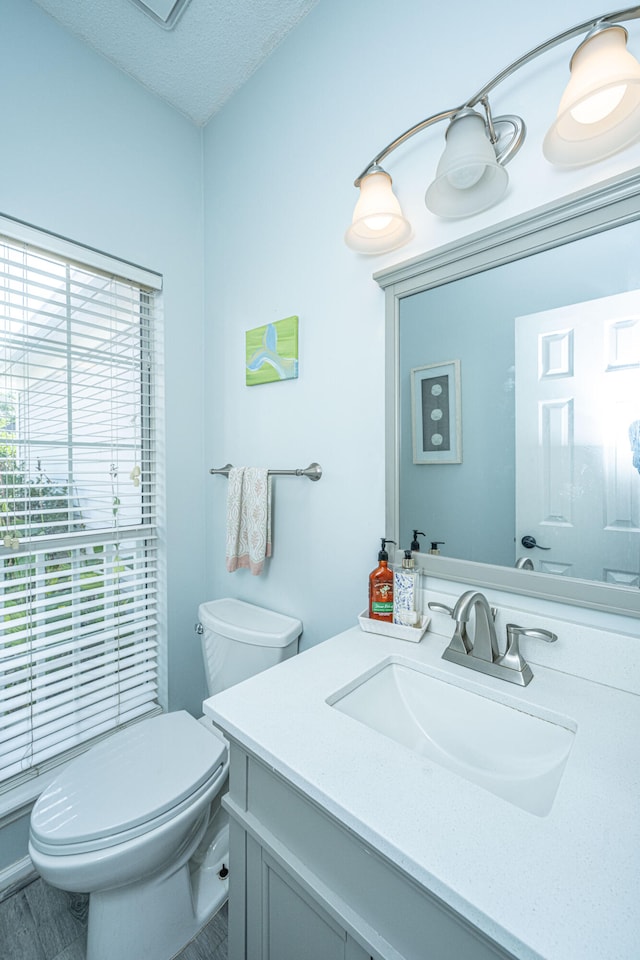 bathroom featuring vanity, a textured ceiling, and toilet