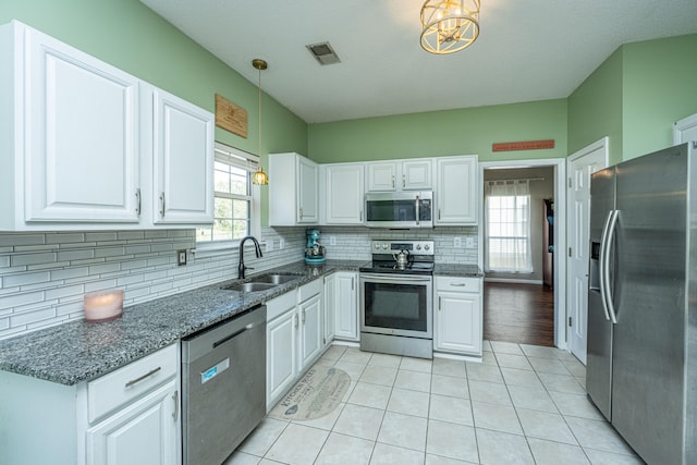 kitchen featuring appliances with stainless steel finishes, backsplash, sink, white cabinetry, and hanging light fixtures