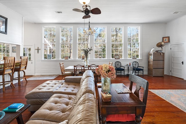 interior space with dark hardwood / wood-style flooring and ceiling fan