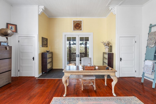 dining space with french doors, ornamental molding, and dark wood-type flooring