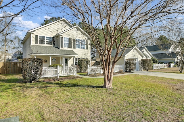 traditional-style home featuring covered porch, fence, driveway, and a front lawn