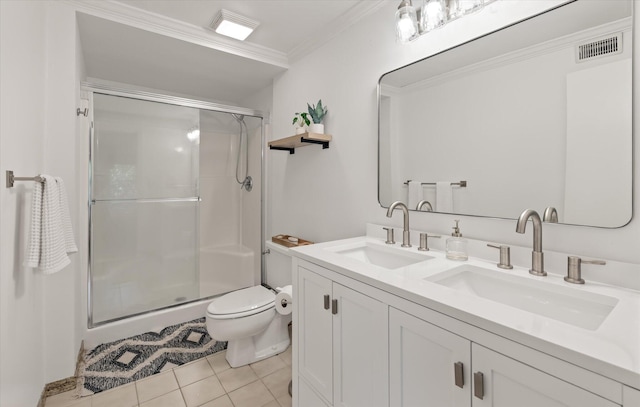 bathroom with vanity, tile patterned flooring, toilet, ornamental molding, and an enclosed shower