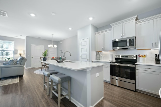 148 Omalley Dr, Summerville, SC 29483 - kitchen featuring visible vents, appliances with stainless steel finishes, a sink, open floor plan, and backsplash