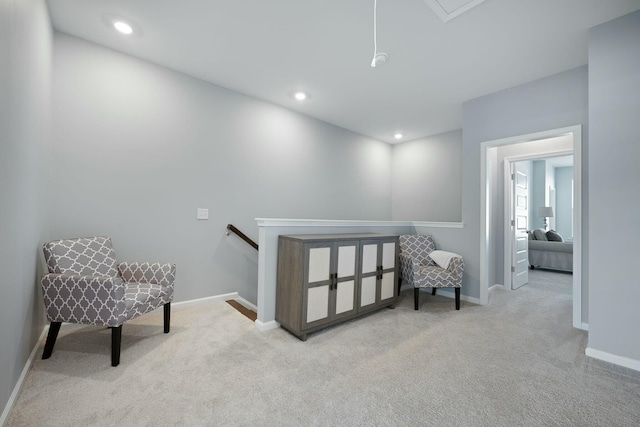 148 Omalley Dr, Summerville, SC 29483 - living area featuring carpet floors, an upstairs landing, baseboards, and recessed lighting